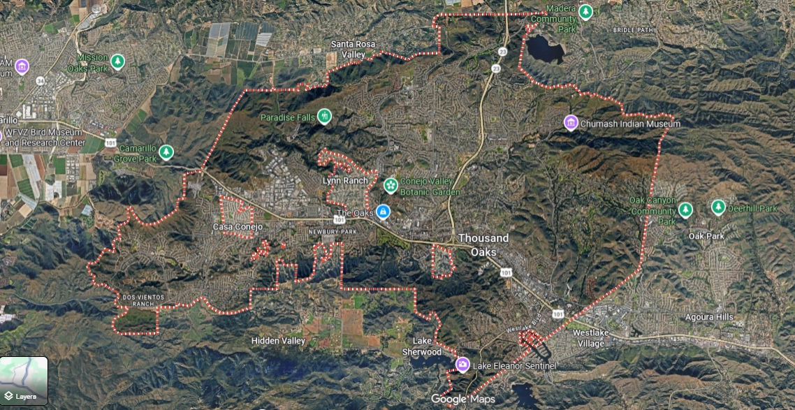Google map boundary showing Thousand Oaks bail bonds service area including Newbury Park, Lynn Ranch, and East County Jail coverage in Ventura County.